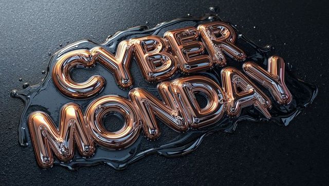 Rose gold cyber monday metallic letters melting into glossy black liquid puddle