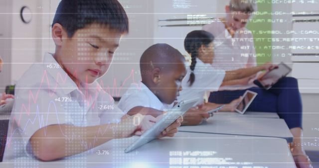 Children from diverse backgrounds engaging with tablets in a classroom, overlaid with digital data and graphs, indicating high-tech learning environment. Perfect for use in articles or content about modern education, technology in schools, diverse learning environments, or augmented reality in education.