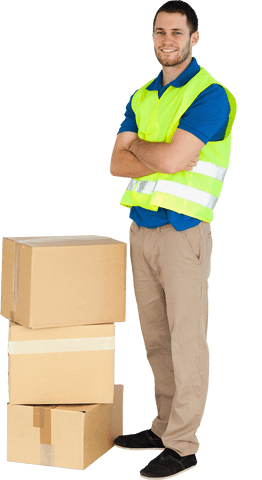 Transparent Smiling Delivery Man Stands Confidently with Boxes - Download Free Stock Videos Pikwizard.com