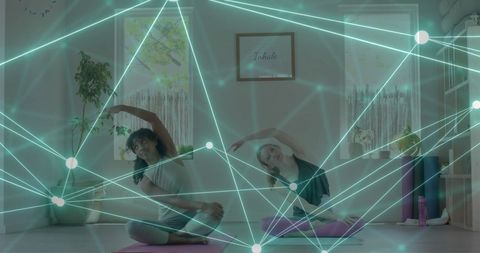 diverse teenage girls practicing yoga with digital network overlay - Download Free Stock Images Pikwizard.com