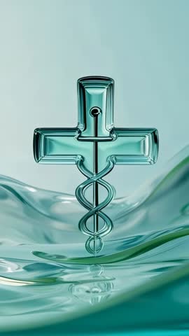 Vertical video showing floating teal medical cross over water reflecting double-helix