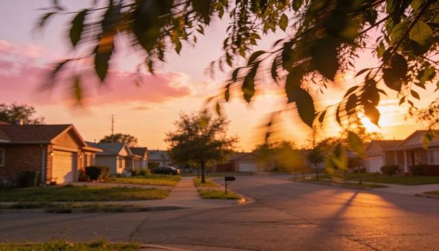 Overhead tree branches framing sunlit suburban street at golden hour with warm orange glow
