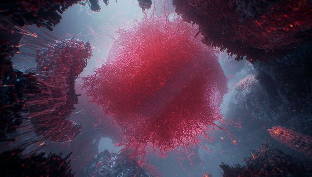Hovering red tendril sphere shedding glowing filaments in alien cavern