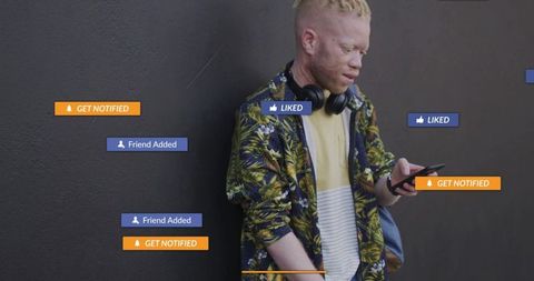 Man Using Smartphone Outdoors with Floating Social Media Notifications