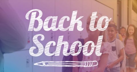 Back to School Sign with Diverse Students Lined Up in Hallway