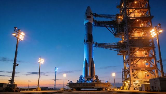 Heavy-Lift Rocket Standing on Mobile Launch Platform at Dusk with Illuminated Service Tower
