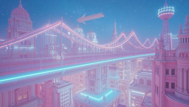 Futuristic Neon Cityscape with Glowing Suspension Bridge at Night