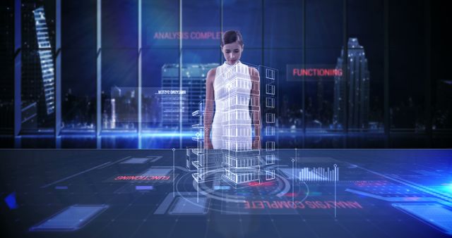 Female technologist interacting with a futuristic holographic display in a modern city at night. Suitable for illustrating themes related to advanced technology, innovation, digital interaction, smart cities, and future concepts in professional and creative projects.