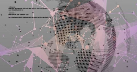 Dotted globe rotating in virtual data space, displaying digital connectivity