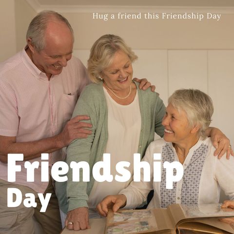 senior friends celebrating friendship day with photo album - Download Free Stock Templates Pikwizard.com
