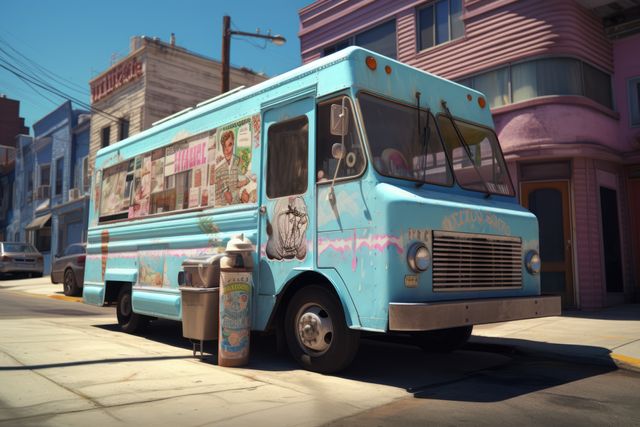Classic ice cream truck decorated with pastel colors and retro designs is parked in a city street. Great for use in nostalgia-themed content, summer campaigns, urban lifestyle articles, food-related promotions, and street photography features.