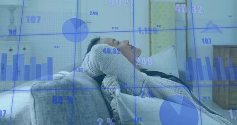 Reclining woman resting on daybed with blue analytics overlay for wellness visualization