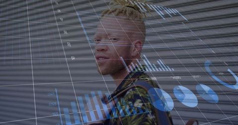 Urban tech portrait standing man turning toward camera with augmented dataviz overlay