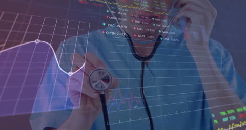 Medical Professional Analyzing Financial Data with Stethoscope Overlay