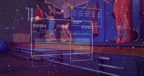 Five-person jump workout tracking with smart hud analytics in modern fitness studio