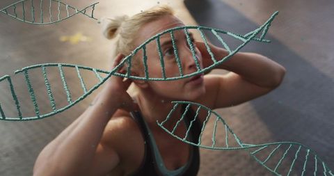 Woman adjusting hair in gym with teal dna helix overlay conveying fitness biotech concept