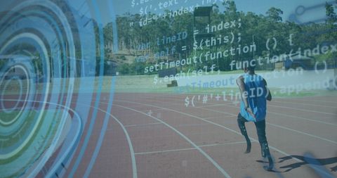 Adaptive athlete running with sport technology concept overlay