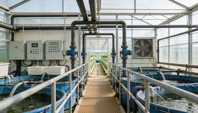 Aquaponics greenhouse central walkway with blue tanks, piping and automation systems
