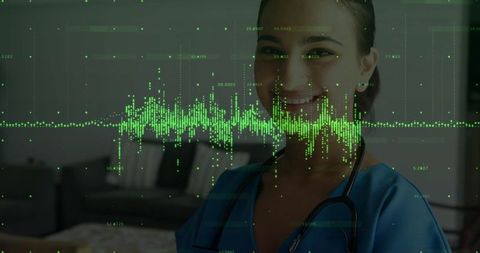 Smiling Physician in Telemedicine with Digital Waveform Overlay