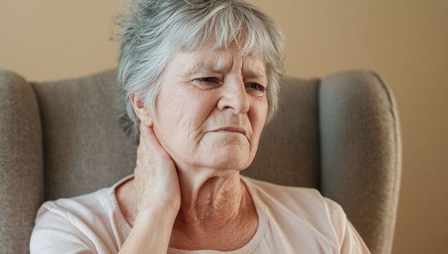 Elderly woman holding neck seated in comfortable chair with pensive expression