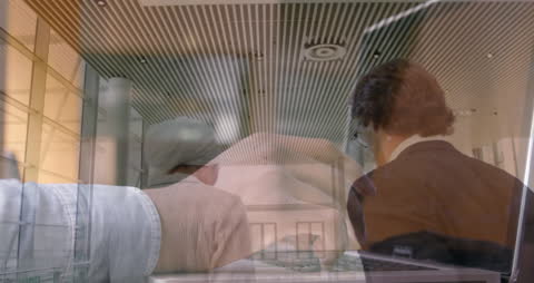 Business Professionals Collaborating in Modern Office with Technology Overlay