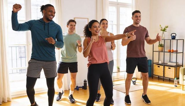 Diverse friends exercising and laughing in living room during energetic home fitness session