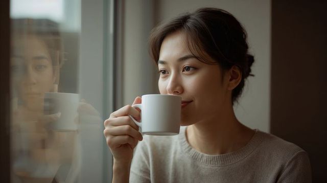 Asian woman sipping coffee by window, serene morning reflection and calm mood