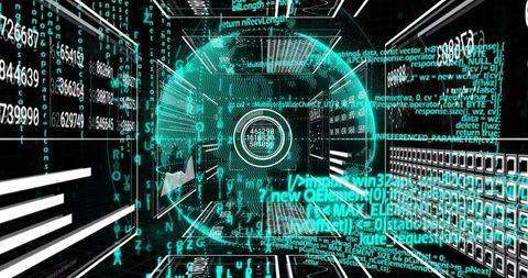 Holographic data sphere projecting HUD rings through neon cyber tunnel with scrolling code
