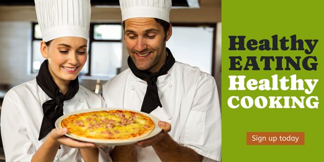 Two chefs are highlighting teamwork in the kitchen while proudly presenting a freshly made pizza. This image is perfect for culinary promotions, healthy eating campaigns, restaurant advertisements, or cooking class flyers. The cheerful atmosphere conveys enjoyment and satisfaction in the culinary arts.