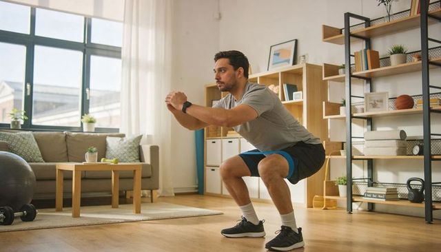 Squatting man performing home workout holding arms forward with smartwatch in living room
