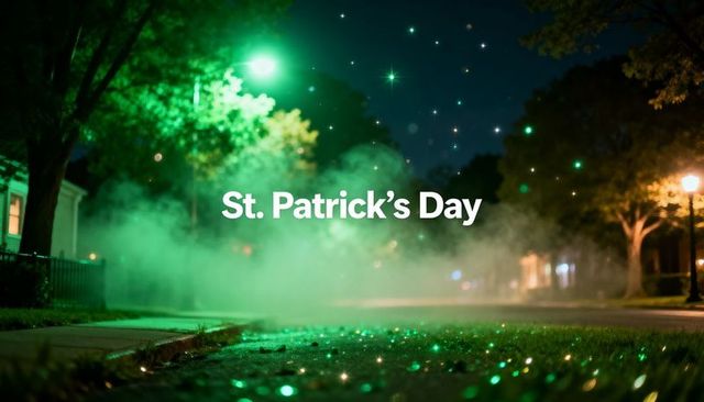 Glowing green fog and sparkling emerald glitter on suburban curb for st. Patrick's day