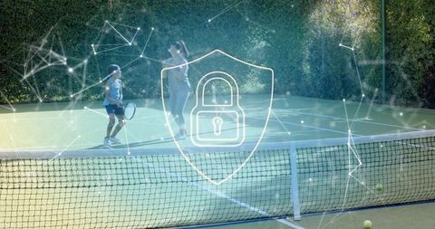 Coaching parent and child playing tennis on outdoor court with digital security overlay