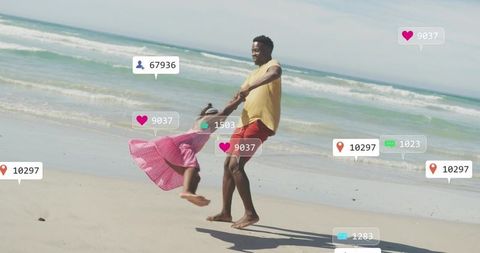 Father spinning daughter on beach with social media engagement overlay and joyful motion