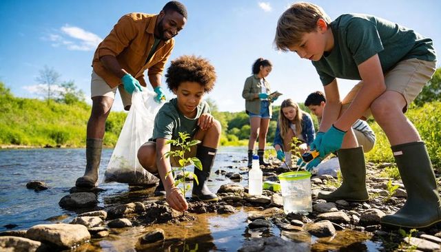 Youth environmental crew collecting water samples and cleaning stream bank for field study