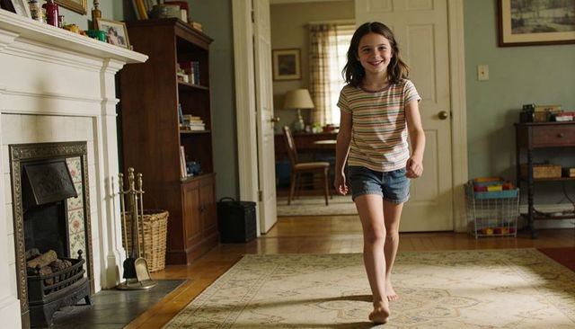 Smiling girl walking barefoot across sunlit living room rug by fireplace and bookshelf