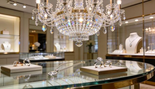 Crystal chandelier illuminating diamond rings and pendant on glass showcase table