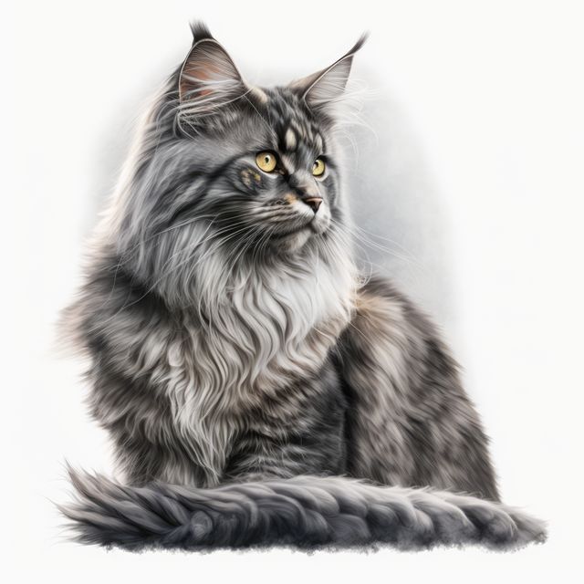 Close up of grey maine coon cat on white background created using generative ai technology. Animals and nature concept digitally generated image.