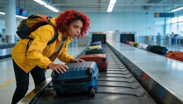 Leaning traveler grabbing blue wheeled suitcase from baggage carousel at airport