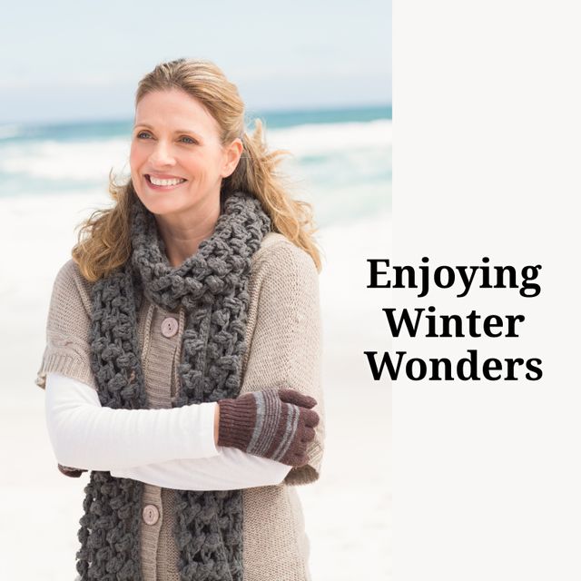 Composite of enjoying winter wonders text over happy caucasian woman in winter scenery. Winter, christmas, seasons and celebration concept digitally generated image.