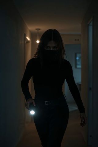 Mysterious female burglar figure walking in dark hallway with flashlight