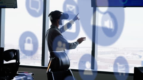 Businessman in Virtual Reality Engaging with Digital Interface