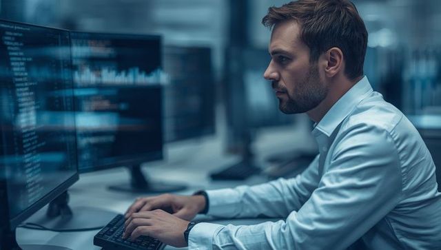 Focused software developer reviewing code on multiple screens