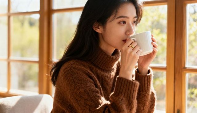 Asian woman sipping coffee in brown cable knit sweater sunlit wooden window cozy morning