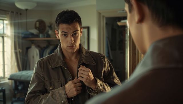 Young adult adjusting jacket in bedroom interior reflection