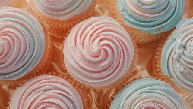 Pastel swirl cupcakes with sugar sprinkles in bakery