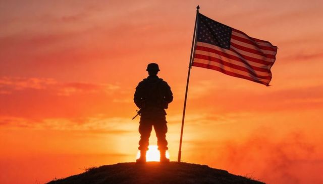 Soldier standing at sunset with american flag on hilltop silhouette patriot military duty and courag