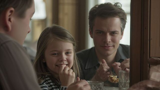 Father offering breakfast to smiling daughter at cozy wooden table in soft morning light