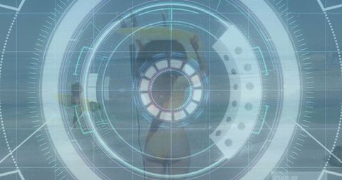 Relaxing Woman on Float in Sea with Futuristic HUD Overlay