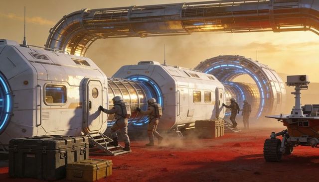 Mars Outpost Crew Walking Between Modular Habitats at Sunset by Lit Transit Tunnels