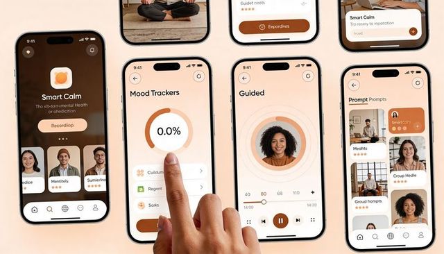 Tapping Finger Activating Mood Tracker on Multiple Smartphone Screens for Wellness App UI